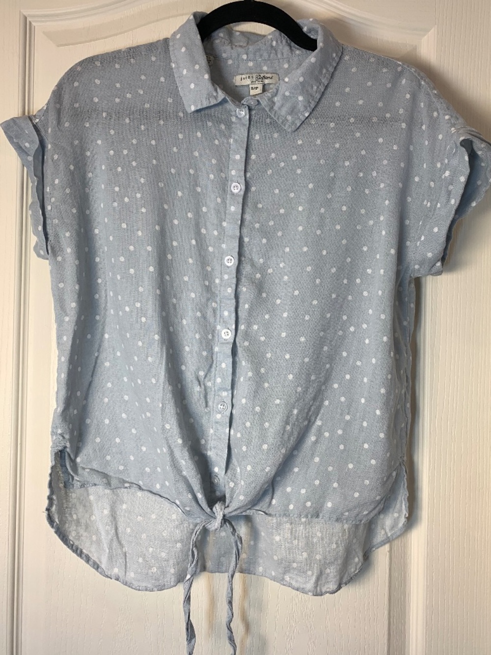 Light Blue Linen Polka Dot Blouse Tie Front Summer Chic S